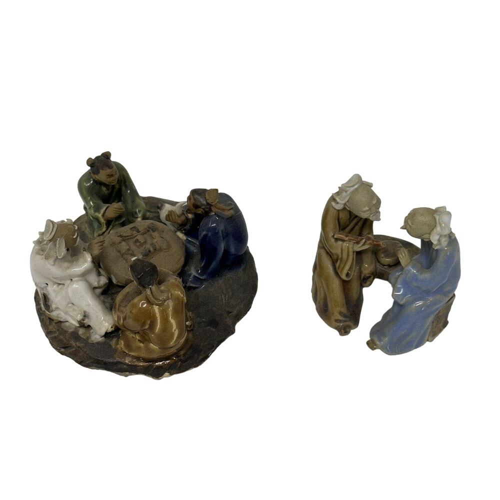 Two Vintage Chinese Wisemen Mudmen Figurines Miniature Clay Scuptures